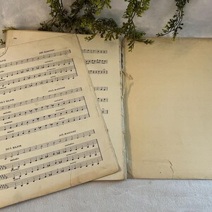 May include: Vintage sheet music with musical notes and text in black ink on aged, cream-colored paper. The pages are slightly torn and worn, with visible signs of age. A sprig of greenery rests in the background.