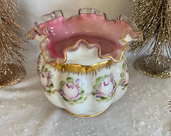 1950s Vintage Hand Painted Fenton Glass Vase Charleton Roses Peach Crest Melon Vase Vintage Home Decor Short Vase Vintage Housewarming Gift