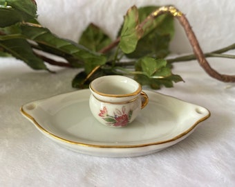 Vintage Dollhouse Miniature Glazed Ceramic Porcelain Serving Tray & Jar Pot w/ Hand Painted Flowers 1:12, Christmas Gift Stocking Stuffer