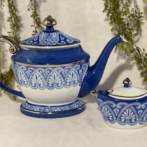 Vintage Bombay China Teapot and Sugar Bowl Arabesque Tile Cobalt Blue Teapot Platinum Trim Covered Sugar Bowl Vintage Spring Table Tea Party