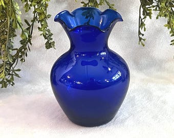 Wazon z falbanką w kolorze kobaltu w stylu vintage, mały szklany wazon w stylu art déco