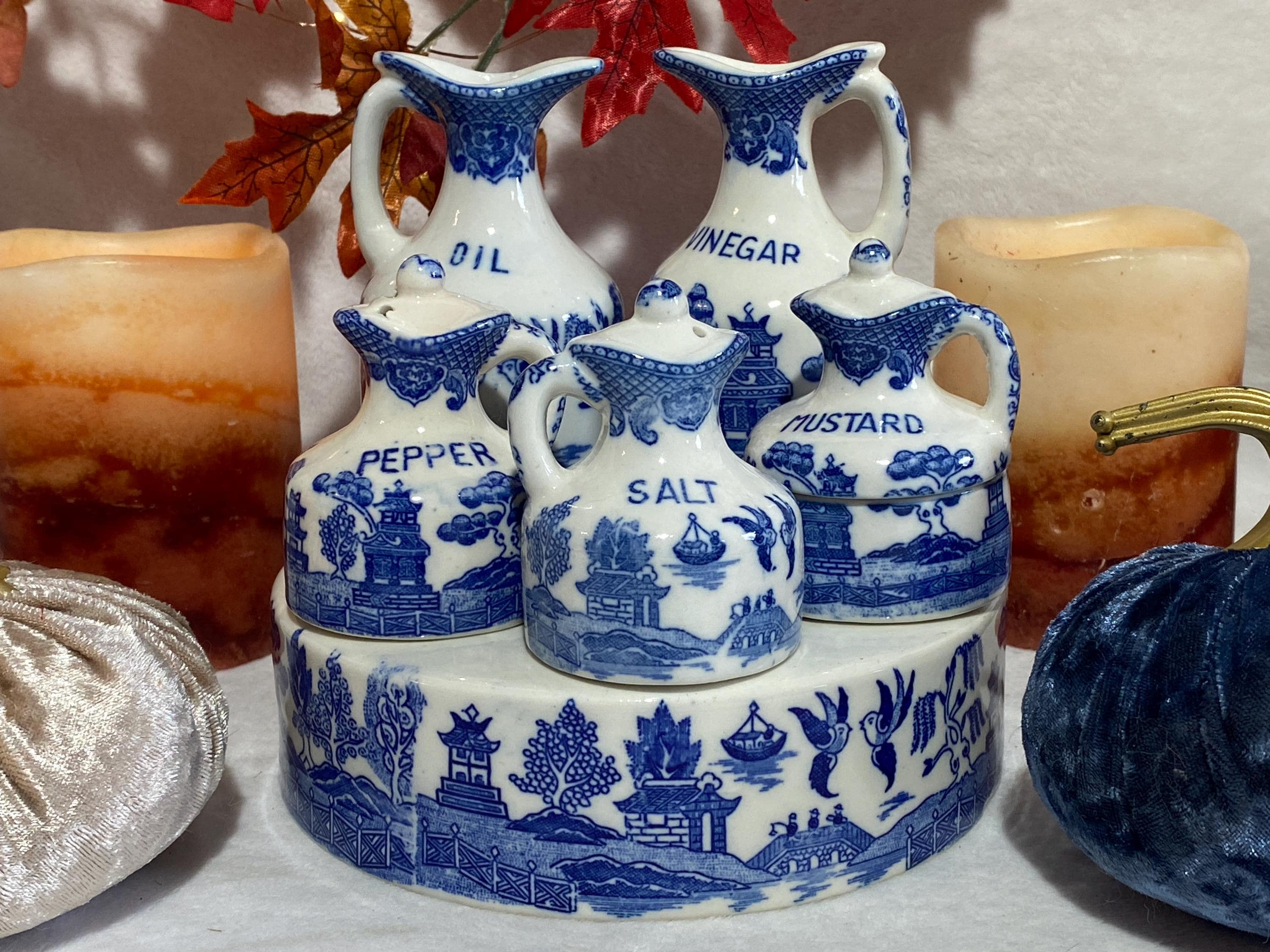 Vintage Blue Willow Condiment Set Porcelain Blue & White Serveware