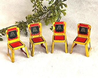 Mid Century Painted Metal Dollhouse Dining Chairs 1:16 Set of 4 Red Yellow Tiny Vintage Doll Chairs WORN Possible Lead Paint