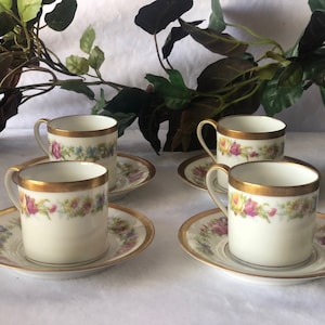 1890&#39;s Antique Limoges Demitasse Teacup & Saucer Set of 4 Ahrenfeldt pour Loring Andrews Co Espresso Cups Tiny Coffee Cups Gift for Her