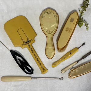 1930s Vintage Vanity Set Art Deco Beauty Tools Clothes Brush Vanity Hair Brush Retro Vintage Manicure Set Hat Pin Vintage Celluloid Mirror