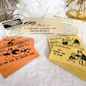 Instructions Monopoly Chance & Community Chest, 1961 vintage Jeu de société vintage des années 1960 Pièces de rechange du jeu de société Jouet de jeu vintage