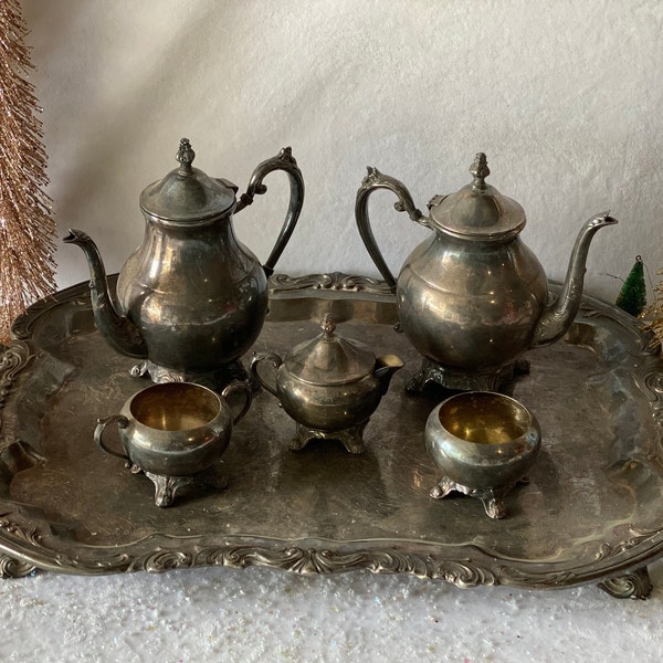 Vintage Silver Plated Tea Set with Serving Tray FB Rogers Silver Co Teapot Coffee Pot Sugar Bowl Creamer, Christmas Gift for Tea Lover