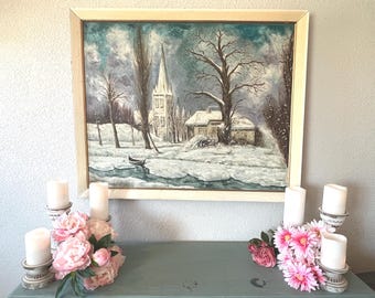 Large Vintage Art Snowy Winter Scene with Steepled Church and River with Boat Original Oil Painting with White Wood Frame