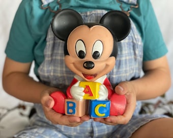 1986 vintage Disney Mickey Mouse ABC piepend speelgoed baby Mickey badspeelgoed jaren 80 Walt Disney Shelcore, vintage kerstcadeau voor speelgoedverzamelaar