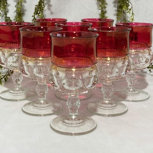 Set of 8 Vintage Ruby Red Kings Crown Thumbprint Wine Goblet Cranberry Water Glasses Red Flash Glass Vintage Gift for Her House Warming Gift