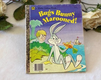 Vintage 1985 First Edition Little Golden Book Bugs Bunny Marooned! Illustrated Children's Book Korman, Christmas Gift for Kid Daughter Son