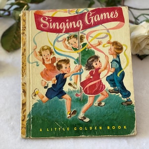 Libro de canciones ilustrado de primera edición de 1947, pequeño libro dorado, cancionero para niños, regalo vintage para niños, hijas e hijos