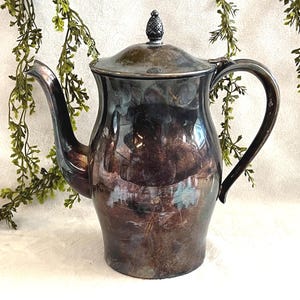 Könnte beinhalten: Eine Vintage-Kaffeekanne aus versilbertem Metall mit Deckel und gebogenem Griff. Die Kanne hat eine dunkle, reflektierende Oberfläche und einen kleinen, dekorativen Knauf auf dem Deckel. Grünzeug ist im Hintergrund.