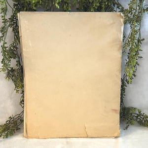 May include: A vintage book with a worn, beige cover. The edges show signs of age and wear, with slight tears and discoloration. The book is positioned upright, suggesting it is closed. Greenery is visible in the background, adding a natural element to the composition.
