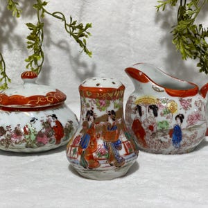 Vintage Hand Painted Japanese Creamer Sugar Bowl Salt Shaker Set Vintage Japanese Ceramics Tea Party Accessories Vintage Cream and Sugar