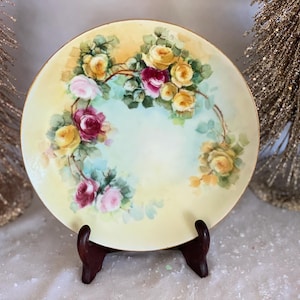 Hand Painted Vintage Czechoslovakia Plate with Pink and Yellow Roses Vintage Home Decor Decorative Plate Christmas Gift for Mom Grandma