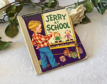 Vintage 1950 First Edition Little Golden Book Jerry at School Illustrated Children's Book, Christmas Gift for Kid Daughter Son