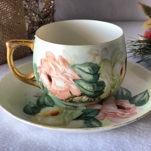 1800s Antique Austrian Teacup & Saucer Hand Painted 1884-1909 MZ Austria Delicate Floral Tea Cup Vintage Christmas Gift for Her Mom Grandma