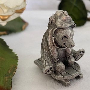 Vintage Pewter Figurine Happy Sledding Bear Signed by Artist Bouvie Cute Figurine Pewter Animal Figurines, Vintage Winter Gift for Collector