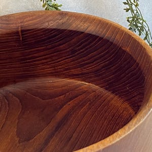 May include: A close-up of a large, round wooden bowl. The bowl is made of a rich, dark brown wood with visible grain patterns. The interior of the bowl is smooth and polished, reflecting the light. The bowl's exterior is a lighter shade of brown.