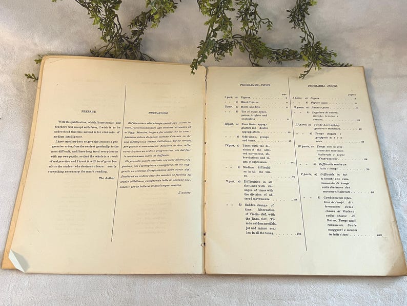 May include: Open vintage book with aged, cream-colored pages. The book is open to two facing pages with text in English and Italian. The pages have a worn appearance, suggesting age. The book is likely a music theory or instructional manual.
