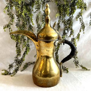 May include: A vintage brass coffee pot with a long spout and a curved handle wrapped in dark material. The pot has a bulbous body and a decorative lid with a finial. The background features green foliage.