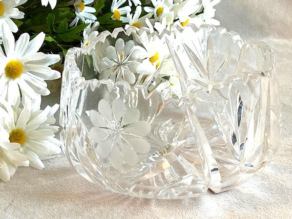 Vintage Cut Crystal Centerpiece Bowl with Flowers and Sawtooth Rim