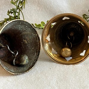 Vintage Brass Bells Set of 2 Small Metal Bells with Clappers Valentine Heart Cutouts image 6
