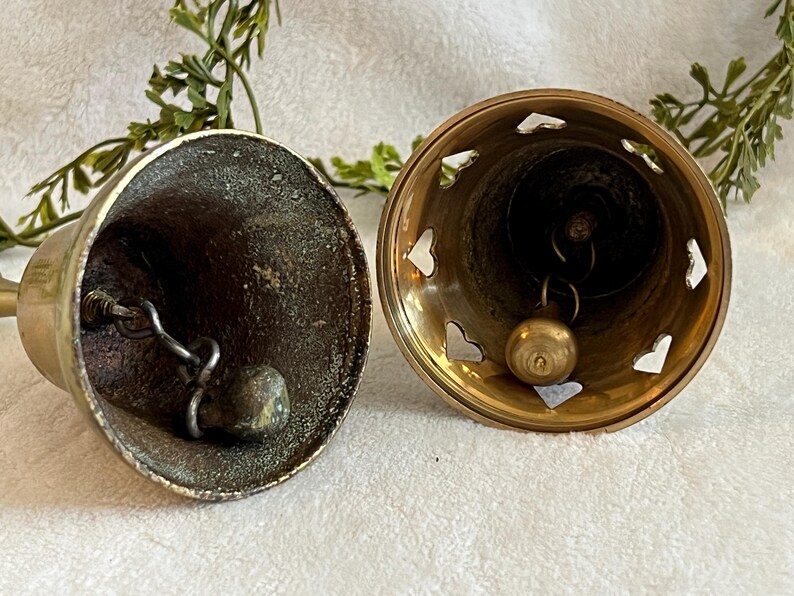 Vintage Brass Bells Set of 2 Small Metal Bells with Clappers Valentine Heart Cutouts image 6
