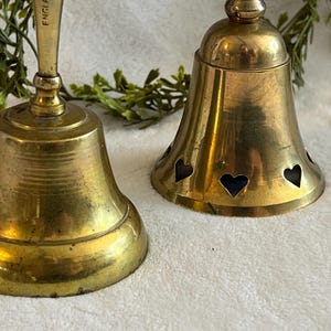 Vintage Brass Bells Set of 2 Small Metal Bells with Clappers Valentine Heart Cutouts image 5