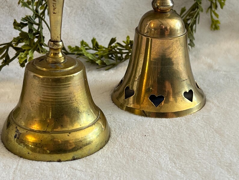 Vintage Brass Bells Set of 2 Small Metal Bells with Clappers Valentine Heart Cutouts image 5