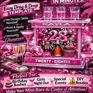 Könnte beinhalten: Eine rosa und glitzernde Werbung für Minibars. Der Text lautet „Erstellen Sie in wenigen Minuten atemberaubende Minibars!“ und „Einfache Drag & Drop-Vorlage“. Das Bild enthält Cocktails, Champagner und eine Geburtstagstorte. Der Text lautet auch „Holen Sie sich jetzt Ihre Vorlage!“
