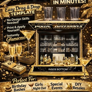 May include: A promotional image for mini bar templates. The image features a gold and black color scheme with text that reads "Create Show-Stopping MINI BARS IN MINUTES!" and "Get Your Template Now!" The image also shows a mini bar with glasses and bottles.