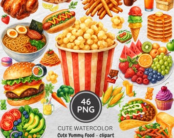 Watercolor Food Clipart, Kawaii Style PNG (Digital Download