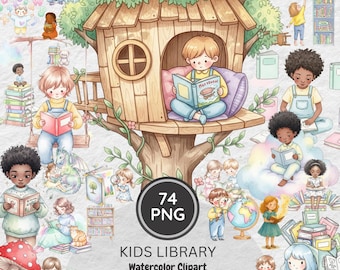 Barnbibliotek Clipart Set: Skol- och boktema PNG-grafik (Direkt nedladdning)