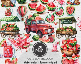 Watercolor Watermelon Clipart Bundle: Summer Party Decor (Instant Download, 20 PNGs, Commercial Use)