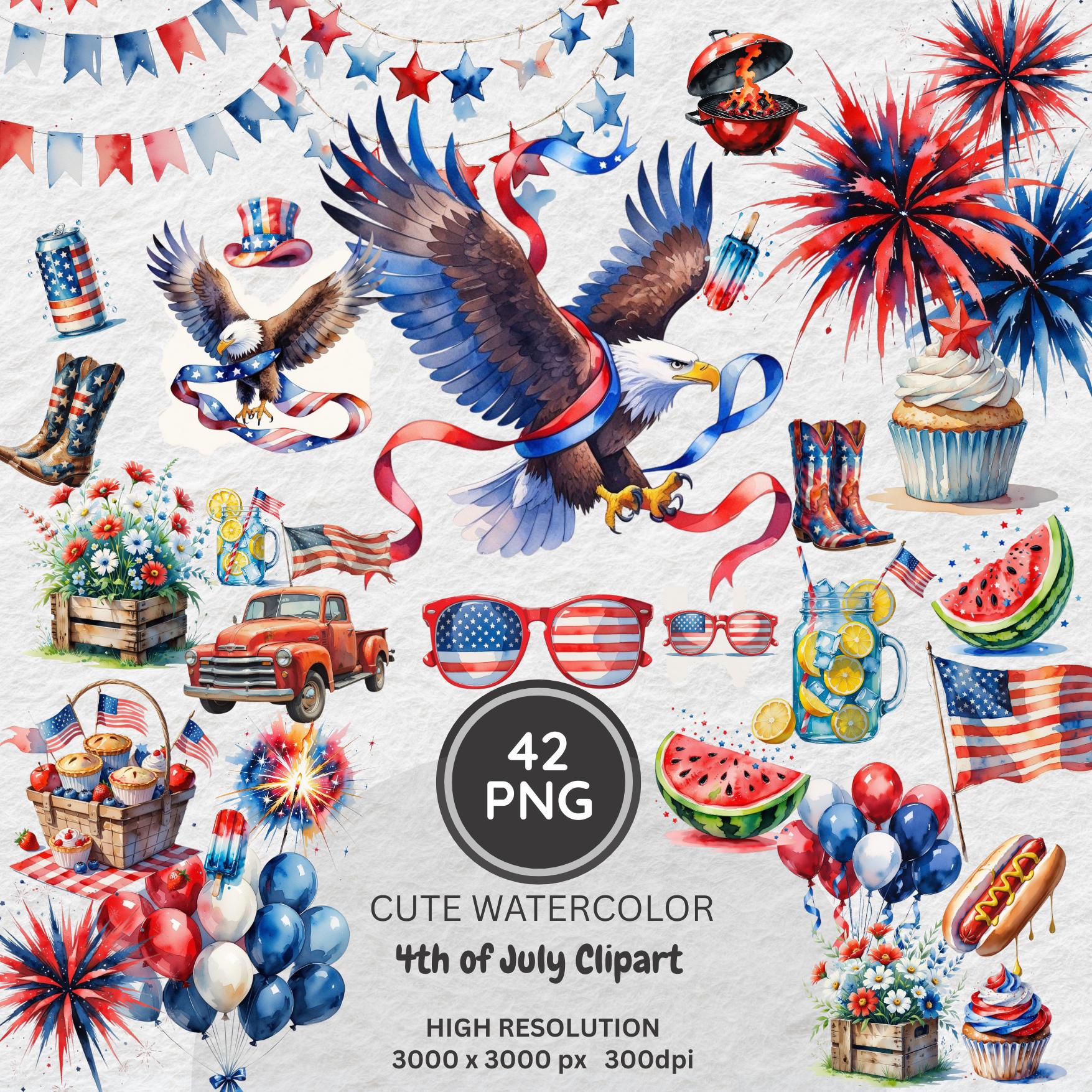 4th of July Watercolor Clipart Bundle: Patriotic USA Graphics ...