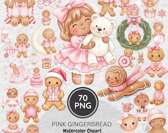 Pink Gingerbread Christmas Clipart, Kawaii Cookie, Watercolor Holiday PNG (70 Files)