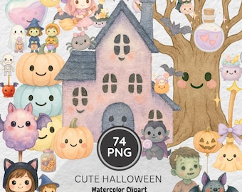 Halloween Watercolor Clipart Bundle, Spooky PNG Graphics (74 Files)