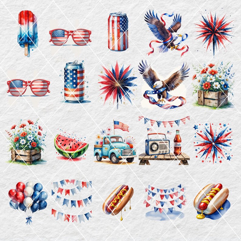 4th of July Watercolor Clipart Bundle: Patriotic USA Graphics ...