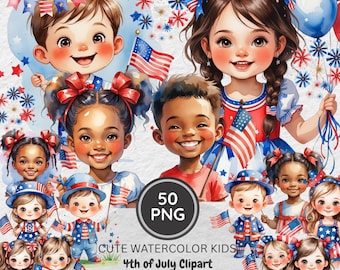Watercolor 4th of July Baby Clipart Bundle: 50 PNG Graphics (Digital Download, Commercial Use)