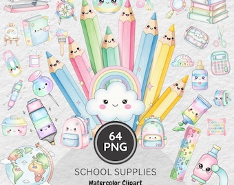 Kawaii School Supplies Clipart: 64 PNG Graphics for Teachers (Commercial Use