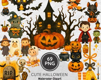 Halloween Clipart Bundle, Watercolor PNG Graphics, Commercial Use