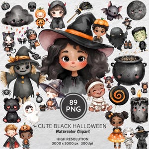 May include: A collection of watercolor Halloween-themed clip art. The image features various characters and objects, including a witch, a cauldron, a black cat, a ghost, and a pumpkin. The text "CUTE BLACK HALLOWEEN Watercolor Clipart" is also included.