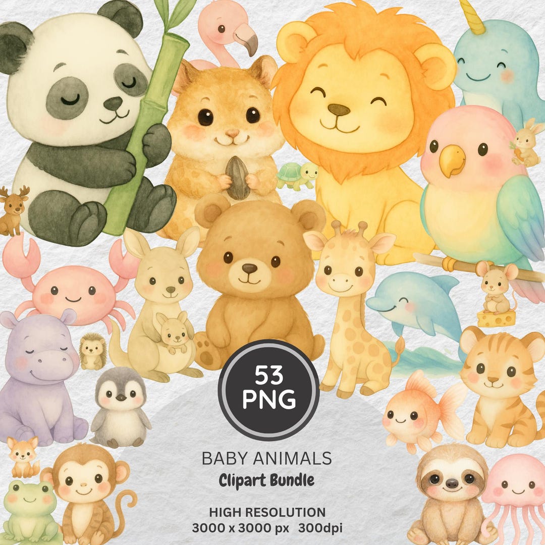 Watercolor Baby Animals Clipart: Nursery Art PNG Bundle (digital ...