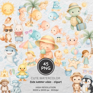 Summer Day Clipart Bundle, Watercolor, Undersea, Cute Beach Animals, Ocean Nursery Clipart, Baby Animals, Vacation Clipart, Summer Kids