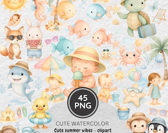 Watercolor Summer Clipart Bundle: Beach Animals, Ocean Nursery (Digital Download, PNGs, Commercial Use OKAY