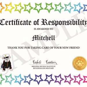 Certificado de RESPONSABILIDAD DE MASCOTAS PARA NIÑOS - para criadores o mamás y papás - una excelente manera para que los niños se sientan involucrados cuando traen una nueva mascota a casa