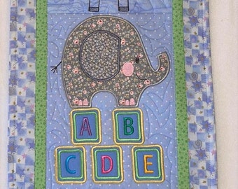 Child's Blue Hand Made Wall Hanging with Applique and Machine Quilting