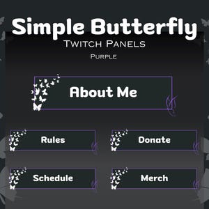Könnte beinhalten: Lilafarbene Twitch-Panels mit einem einfachen Schmetterlingsdesign. Die Panels enthalten den Text "Über mich", "Regeln", "Spenden", "Zeitplan" und "Merchandise".